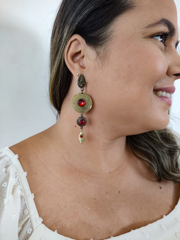 Brinco Boho longo discos vermelho - Imagem 3